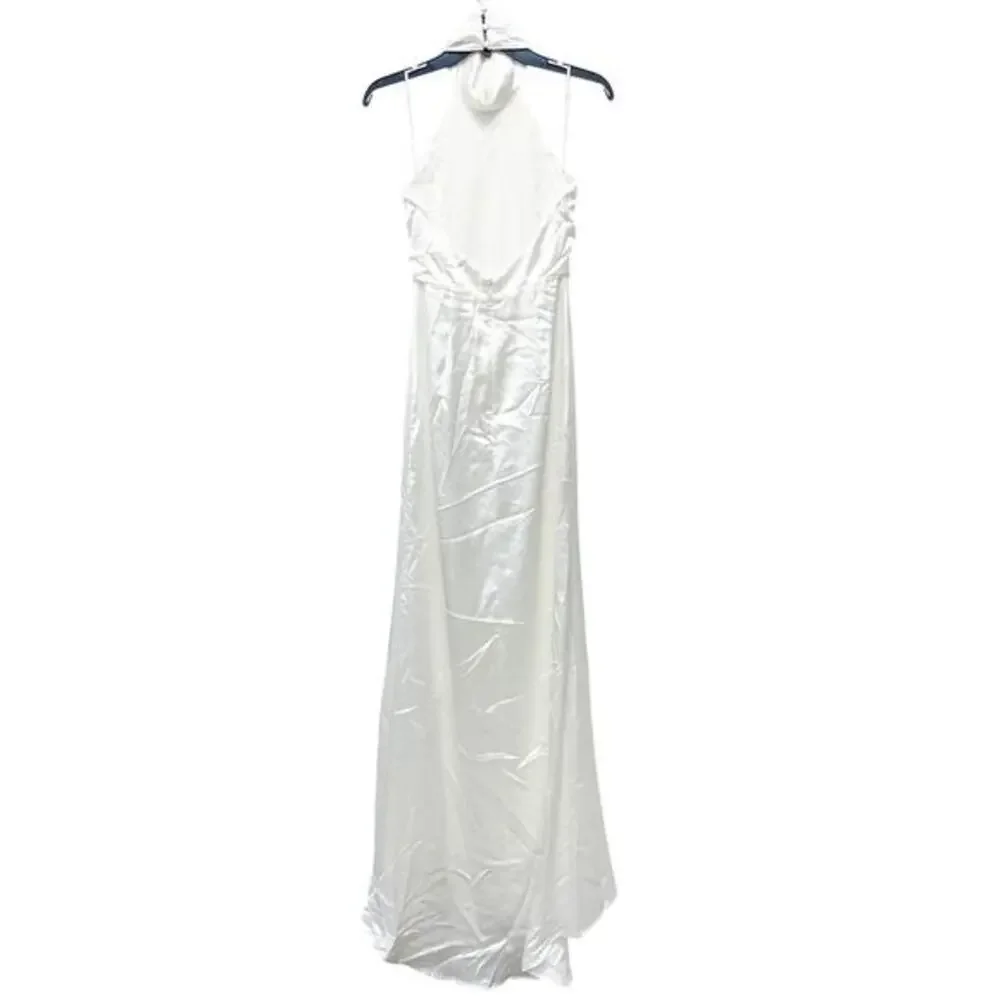 Lulus‎ Women's Luxe Destiny White Satin Backless Halter Mermaid Maxi Dress XL